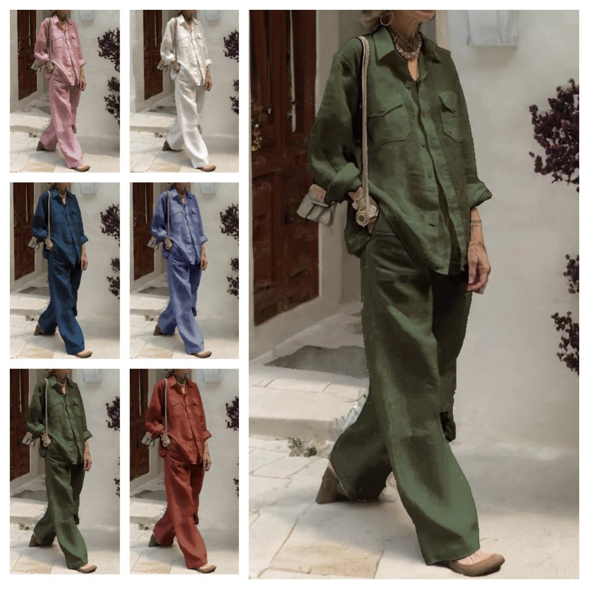 亚马逊秋季跨境新款外贸女装长袖衬衫宽松裤子两件套装