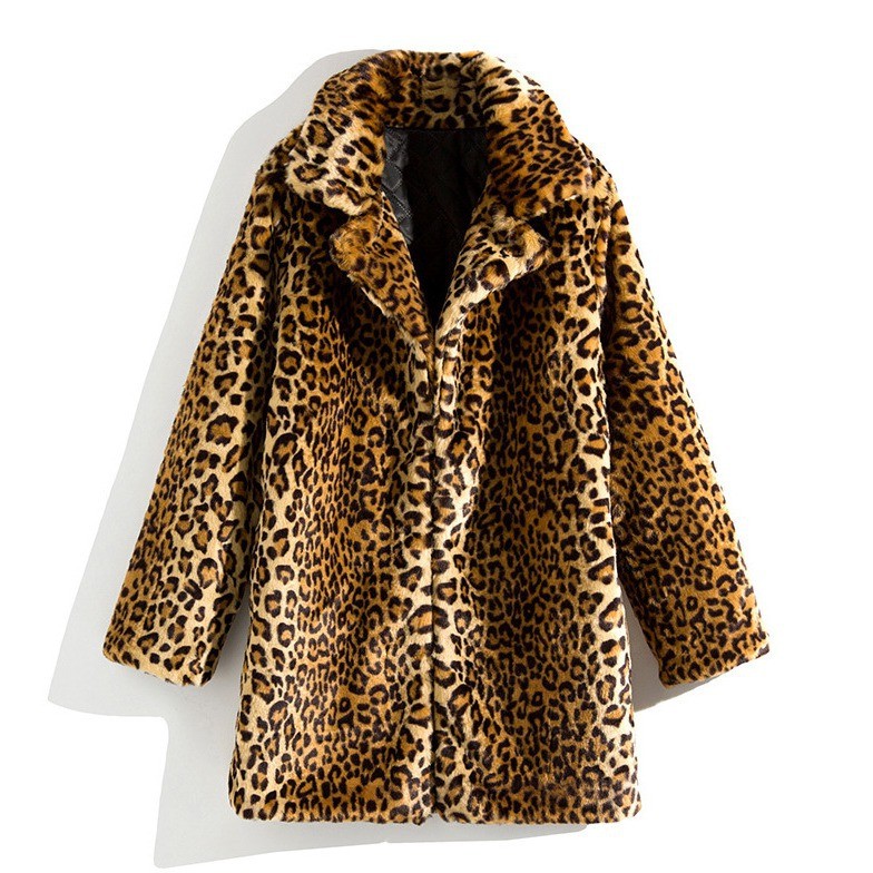 欧美新款仿皮草韩版皮草外套女中长款西服领性感豹纹外套大衣现货