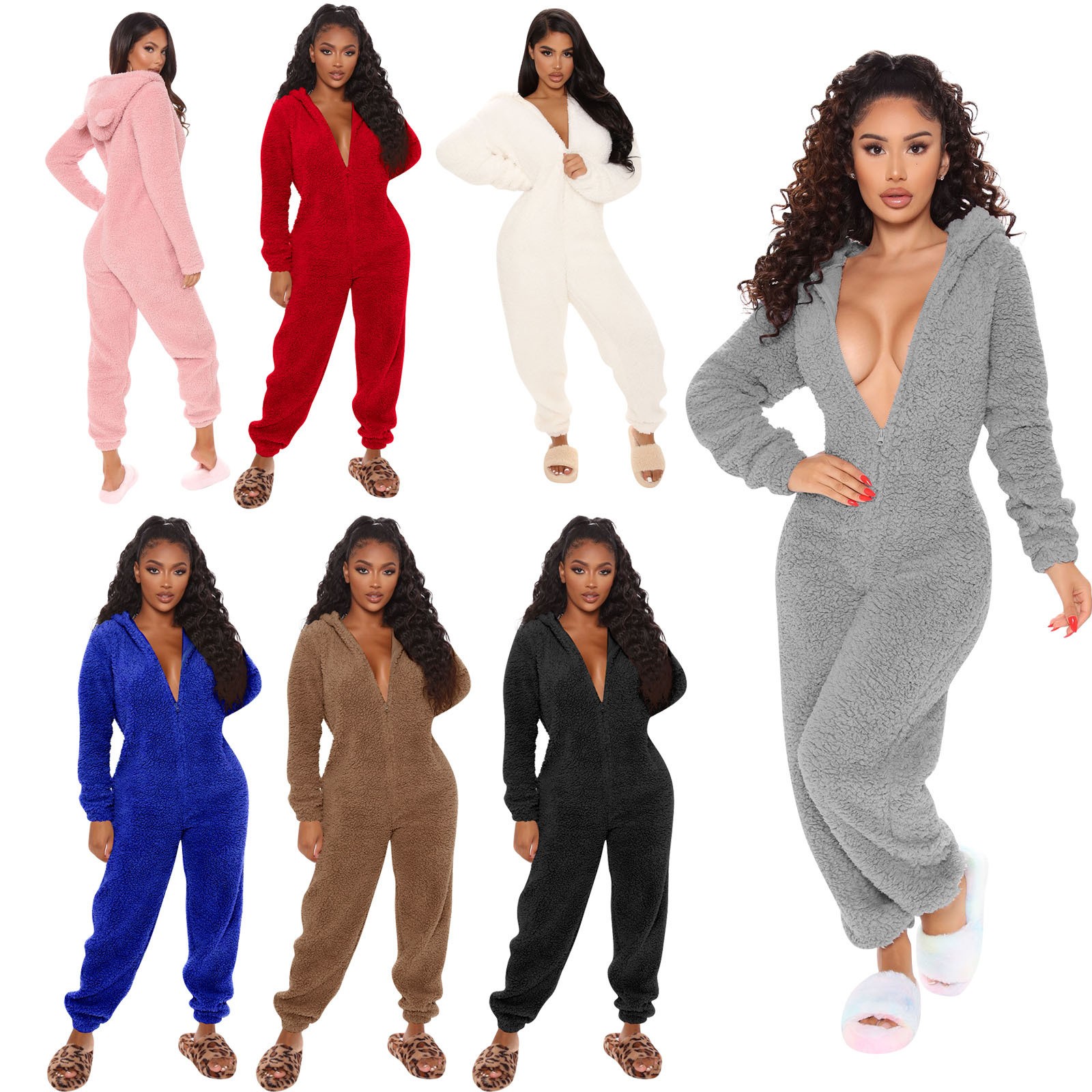 新款欧美秋冬款女装跨境外贸加绒加厚毛毛连体裤连帽睡衣色