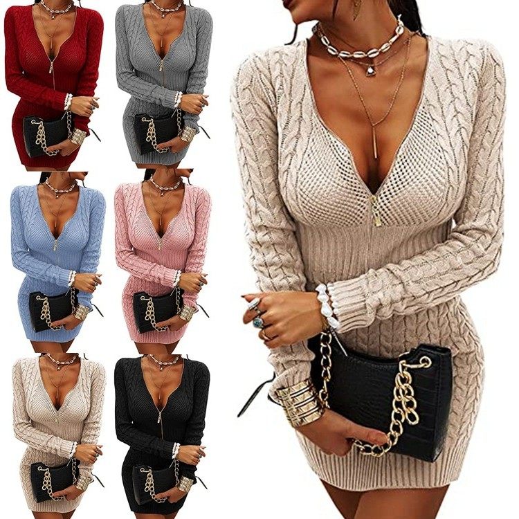 欧美亚马逊外贸新款女式针织衫中长款包臀修身连衣裙领套头毛衣,个性定制/设计服务/DIY,连衣裙加工定制,淘宝优惠券,粉丝福利购,淘宝优惠卷