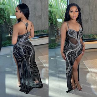 性感网纱烫钻夜店吊带连衣裙女 亚马逊欧美女装 跨境夏季 新品