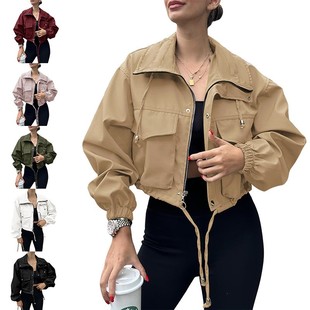 纯色女士短款 女装 夹克拉链风衣外套 新款 亚马逊跨境欧美秋季