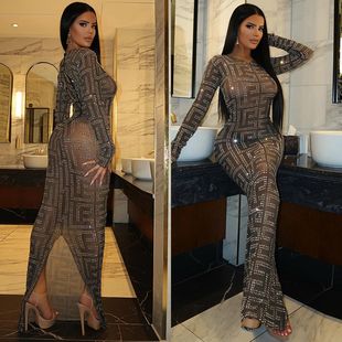 女士连衣裙 性感网纱夜店烫钻长袖 跨境亚马逊欧美女装 时尚