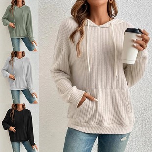 亚马逊针织衫 跨境欧美女装 连帽坑条袋鼠口袋卫衣 新款 秋季