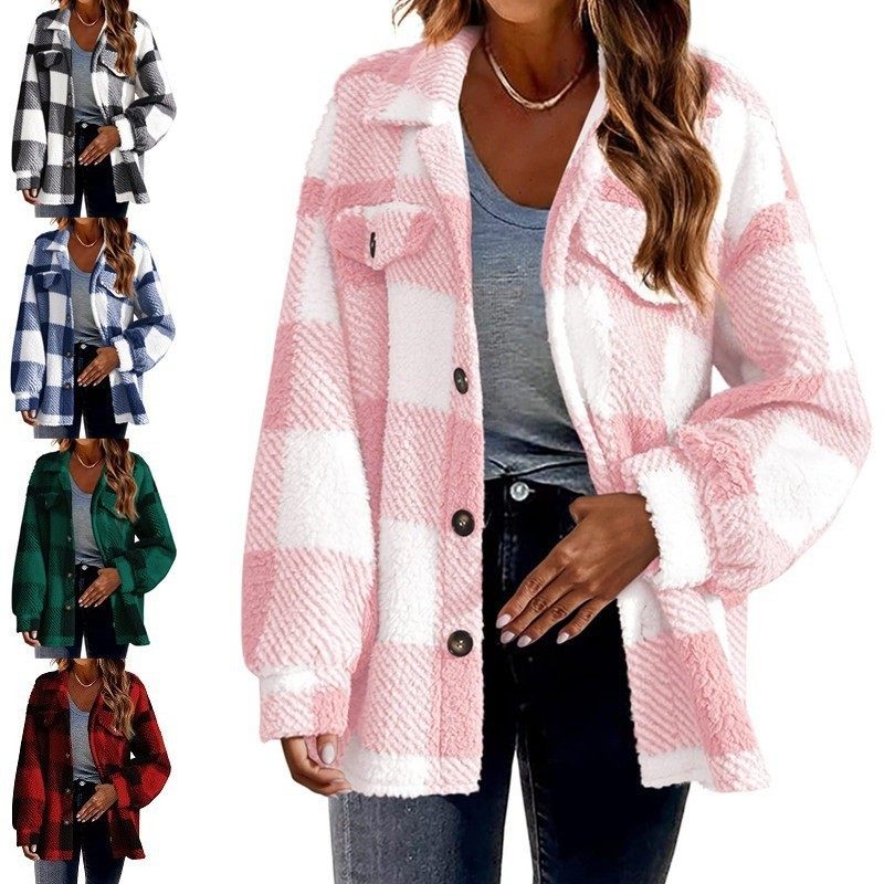 跨境女装新款亚马逊秋冬季带口袋格子羊羔绒夹克纽扣毛绒外套