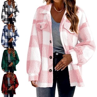 带口袋格子羊羔绒夹克纽扣毛绒外套 亚马逊秋冬季 跨境女装 新款