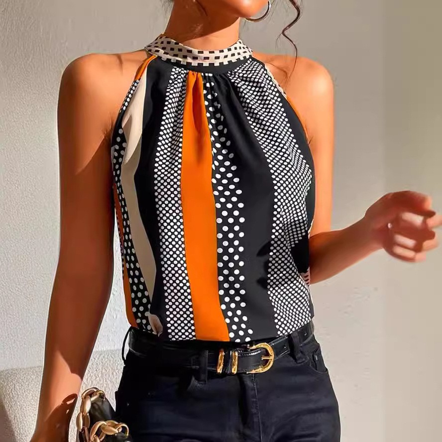 夏季欧美时尚外贸印花露肩立领挂脖小衫