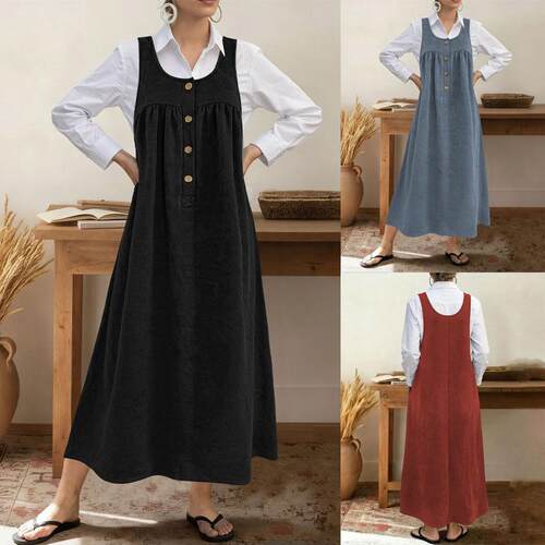 eBay跨境欧美外贸春夏休闲慵懒风无袖连衣裙纽扣A字宽松女士长裙