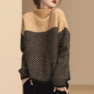 复古拼色半高领针织衫 宽松慵懒风设计感内搭套头毛衣 秋冬新款