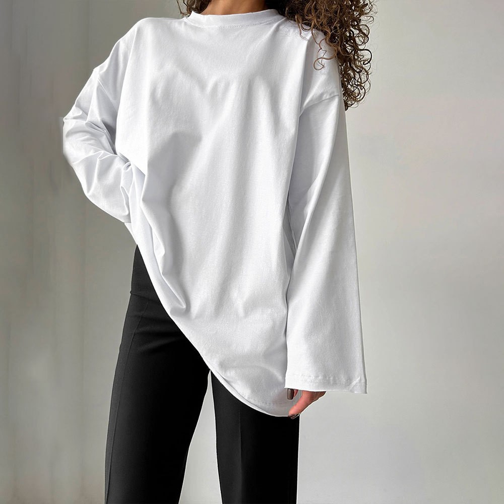 纯棉恤女欧美跨境春季新款宽松纯色圆领长袖体恤