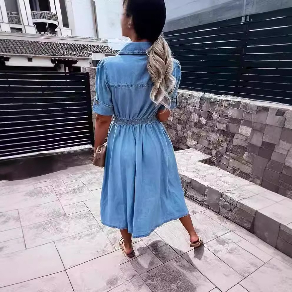 欧美风女装新款时尚气质纯色翻领单排钮扣修身牛仔大摆连衣裙