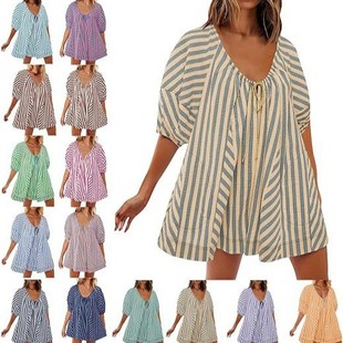 显瘦休闲宽松深阔腿短连身裤 欧美外贸爆款 条纹连衫 短袖 夏季