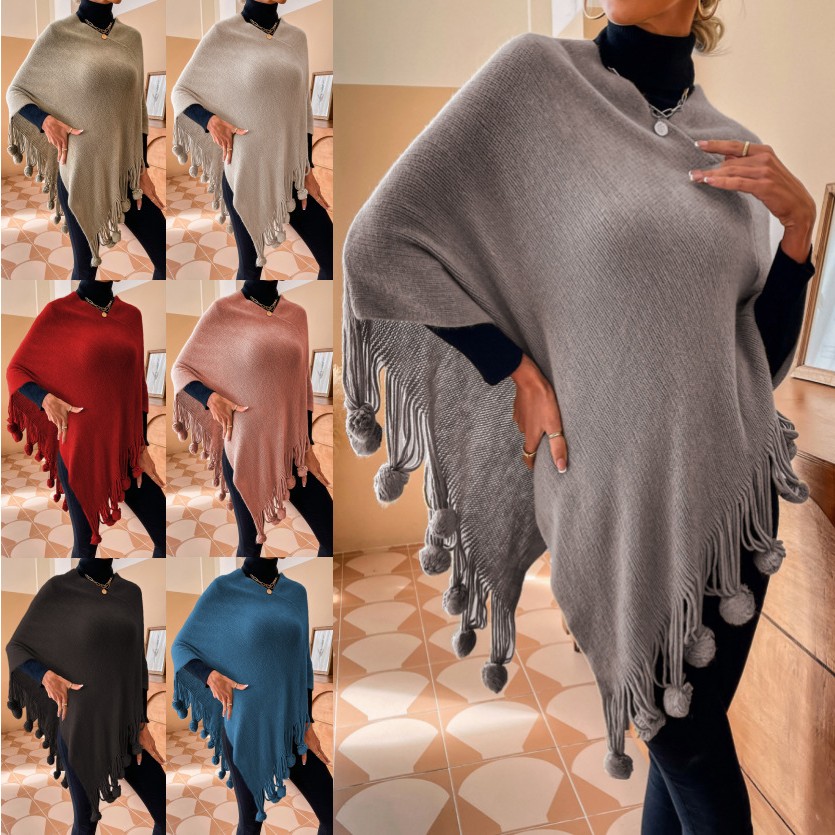 欧美外贸亚马逊独立站跨境秋冬新款毛毛球流苏披肩毛衣斗蓬女