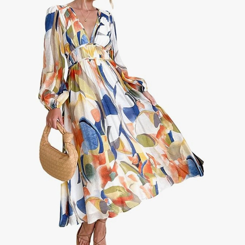 波西米亚风沃尔玛欧美新款春秋深印花高腰休闲长袖中长裙连衣裙