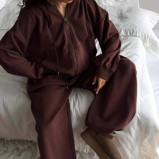 欧美风女装 两件套纯色女装 休闲长袖 长裤 棉质 连帽运动开衫 时尚