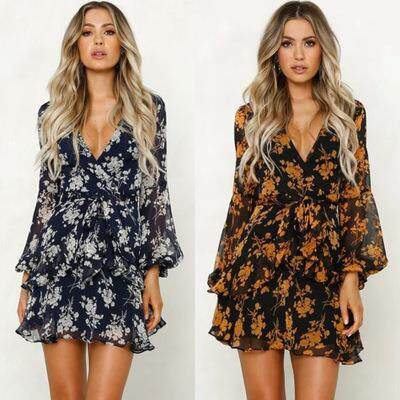 ebay速卖通wish2019欧美春秋季女装长袖印花低胸V领绑带连衣裙女