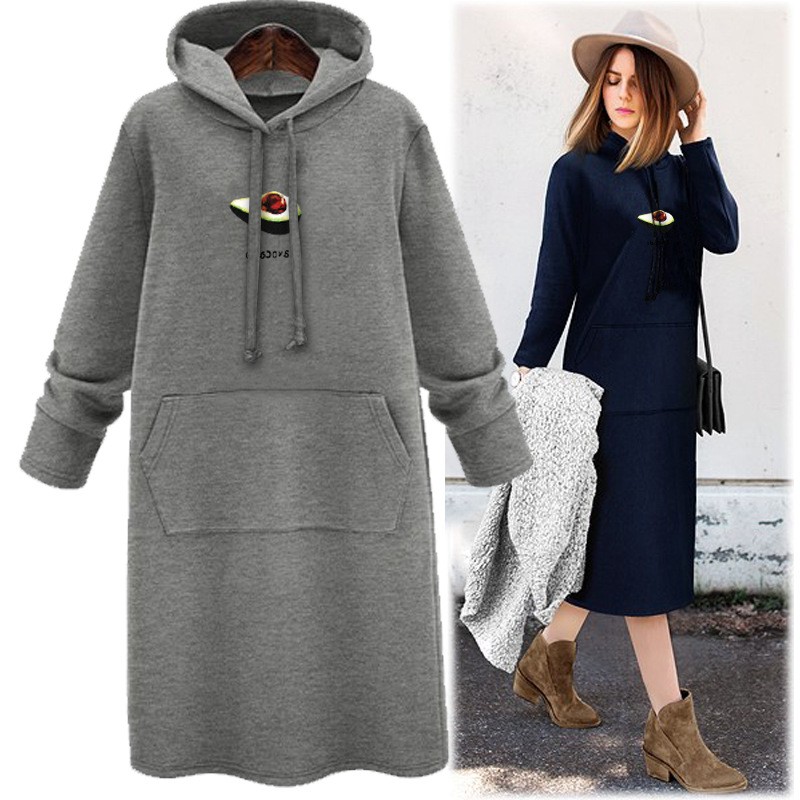 跨境货源拼多多春秋宽松长款连帽连衣裙女过膝韩版中长款卫衣