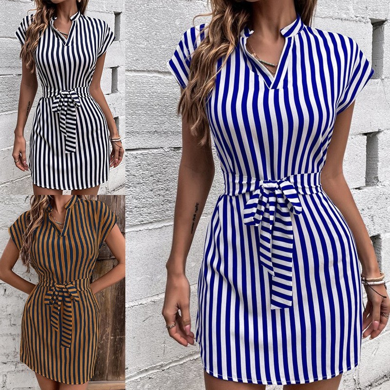 欧美女装连衣裙春夏新品亚马逊独立站跨境蝙蝠袖条纹系带