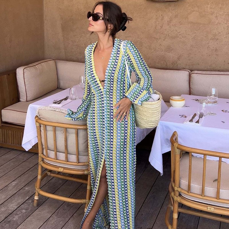 欧美跨境度假风蕾丝沙滩裙领镂空开叉连体设计感连衣裙