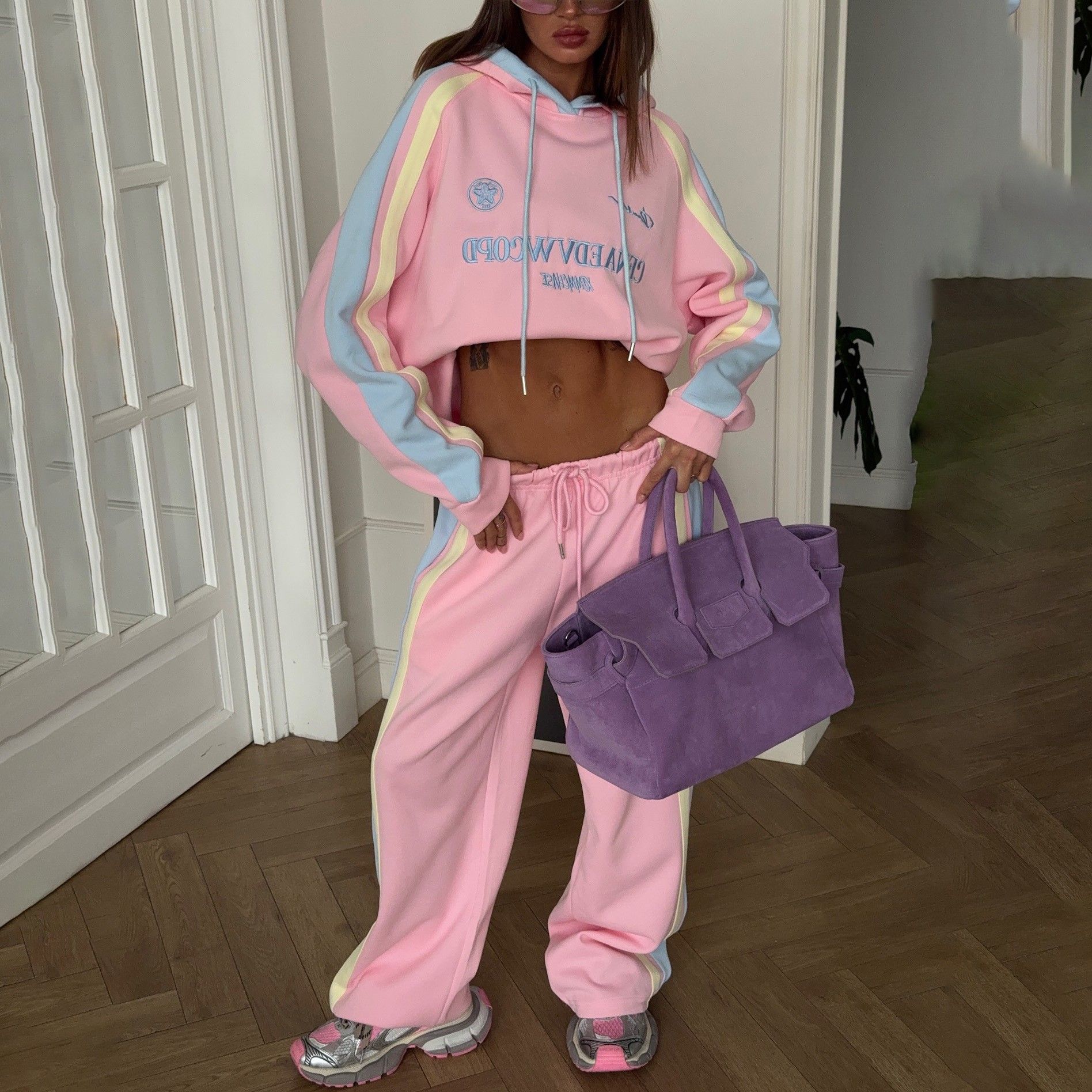 欧美休闲马卡龙配色早秋卫衣套装连帽宽松长袖上衣阔腿直筒长裤女