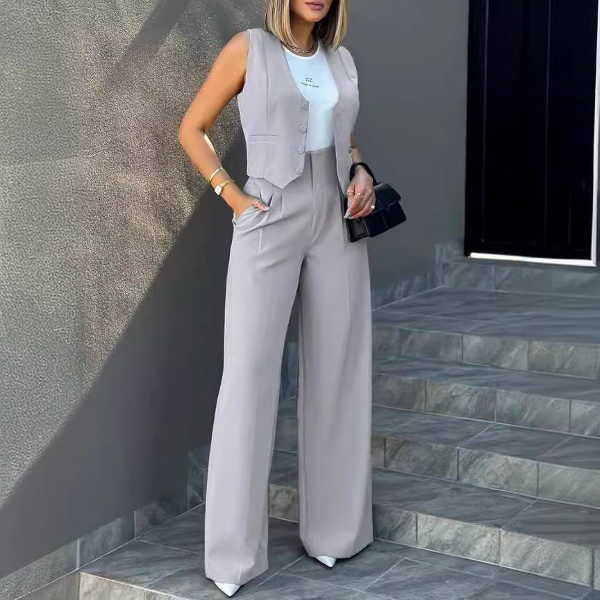 欧美跨境外贸新款时尚西装背心马甲阔腿裤休闲套装