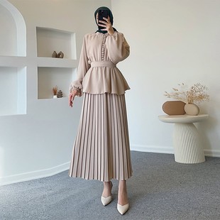 压褶裙套装 收腰拼接单排扣长袖 新款 年欧美亚马逊跨境外贸女装