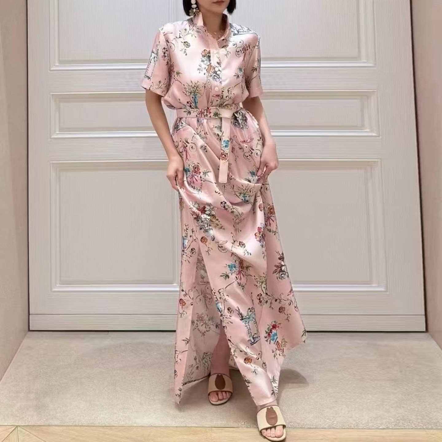 真丝缎面花卉衬衫连衣裙收腰开叉