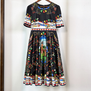 裙子 年轻好穿收腰超大摆骑士印花纯棉短袖 短袖 连衣裙2026春夏新款