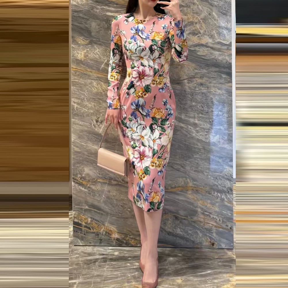 粉色百合印花重磅桑蚕丝2025春夏新款长袖中裙真丝开叉包臀一步裙