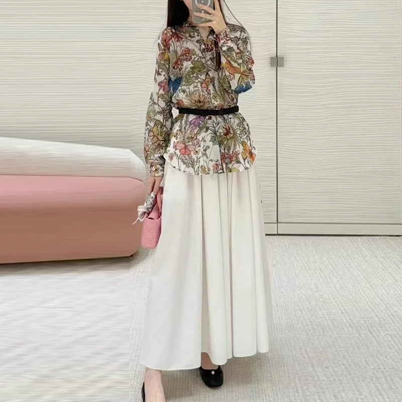 纯棉衬衫2025春夏新款绿色印花小立领前短后长不规则长袖女上衣
