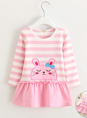 女童t恤长袖春秋童装新款条纹宝宝t恤裙童装拼接儿童上衣裙纯棉潮