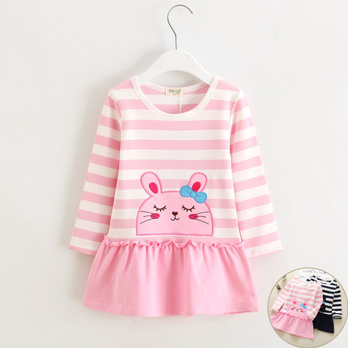 春秋新款条纹拼接上衣裙女童t恤