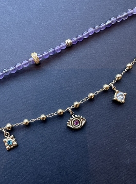 钛钢镀金双层紫水晶脚链/手链显白作工精细脚链长19+4~手链15+2.5