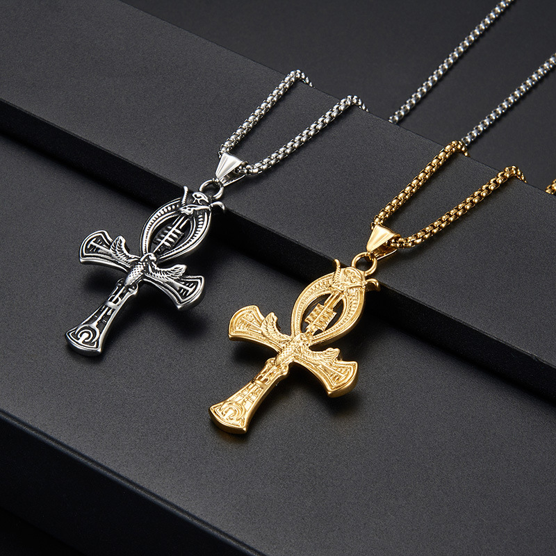 北欧维京古埃及图腾项链男潮钛钢金色安卡十字架霸气不锈钢吊坠男