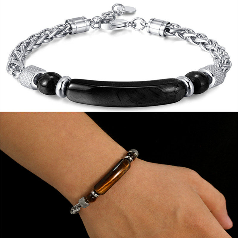 欧美跨境时尚饰品复古不锈钢链条拼接虎眼石钛钢男士粗手链不变色