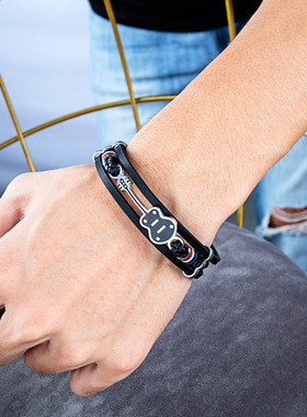 欧美外贸男士手链黑色钛钢吉他牛皮质手镯时尚潮流霸气皮绳手环男