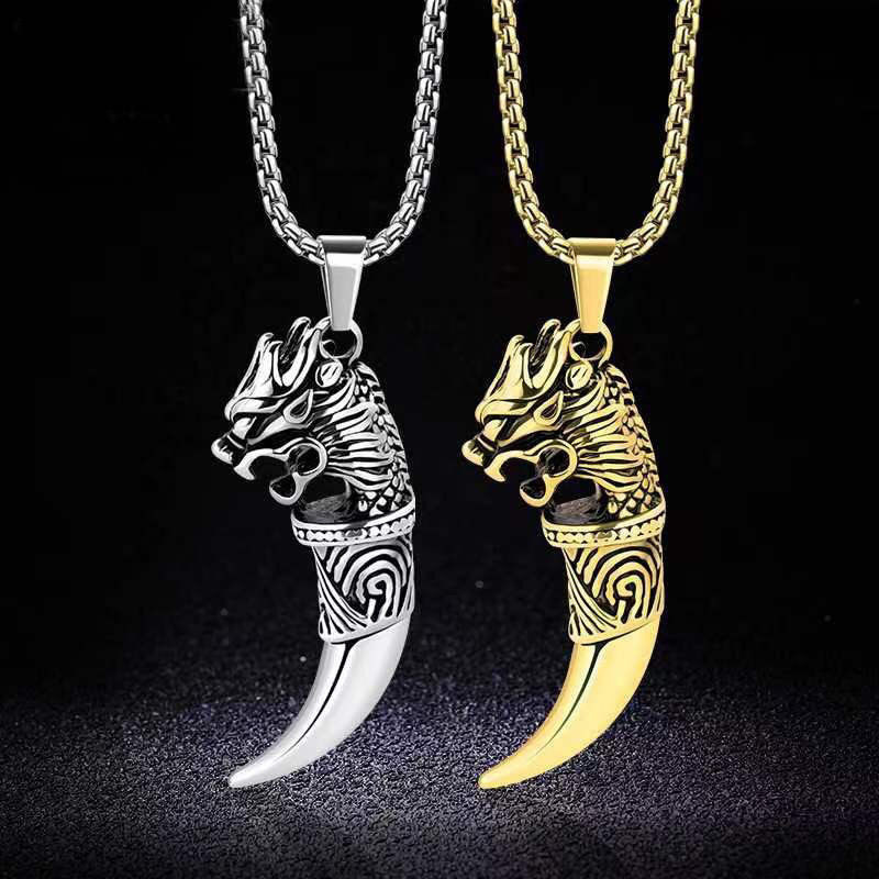 维京狼牙钛钢男士项链不锈钢吊坠不掉色欧美嘻哈摇滚小众复古配饰