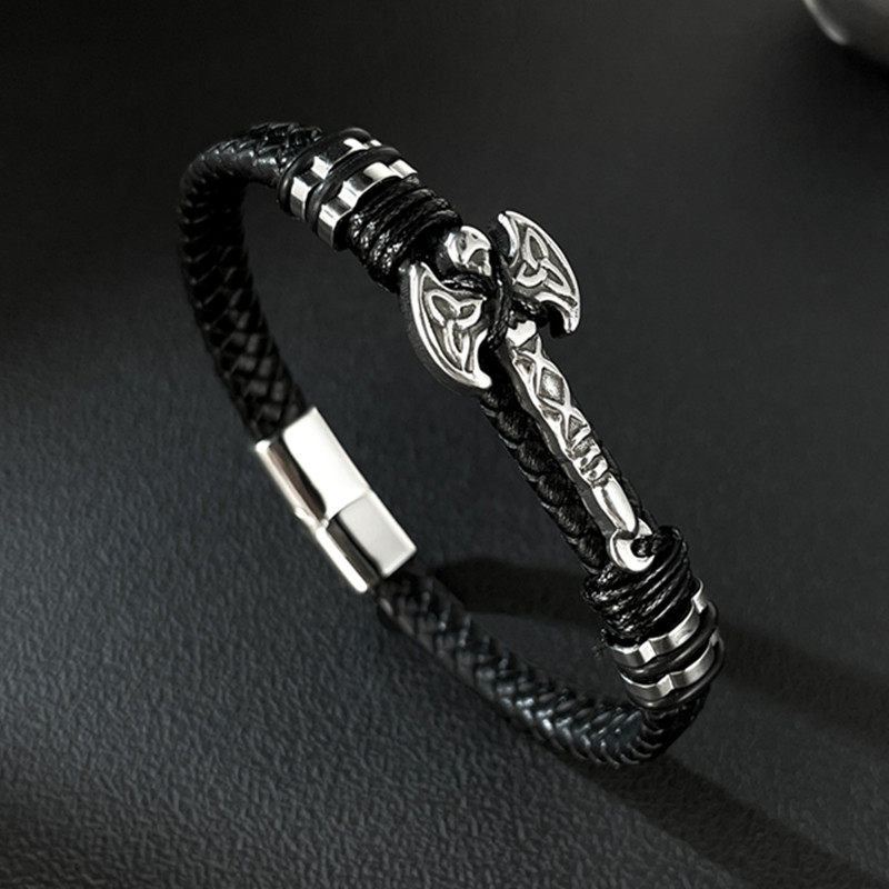 北欧美式时尚编织皮手镯男士个性潮流街头夜店钛钢斧头皮革手链男
