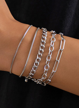 5pcs Bracelets Sets Jewelry多层金属链条手链银色 ins百搭手链
