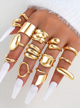 14pcs Finger Rings时尚不规则光面弧形戒指设计水滴女手饰14件套