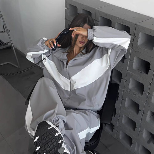 Women Outfit Tracksuit欧美女时尚宽松拉链开衫上衣长裤运动套装