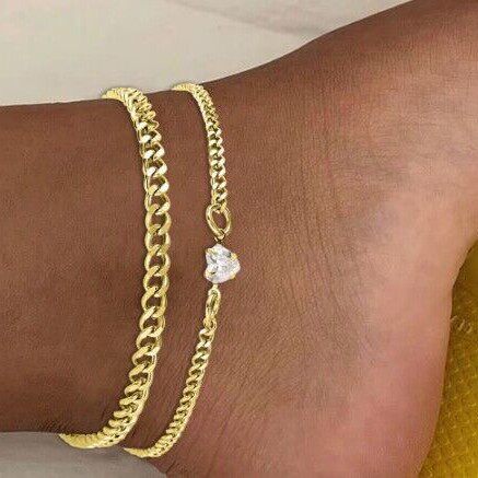 Foot Chain Bracelets 简约爱心锆石不锈钢链条脚链2件套叠戴脚饰