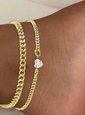 Foot Chain Bracelets 简约爱心锆石不锈钢链条脚链2件套叠戴脚饰
