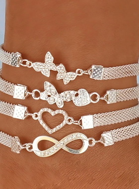 4pcs Foot Chain Bracelets大点钻8字脚链合金脚链蝴蝶脚链4件套