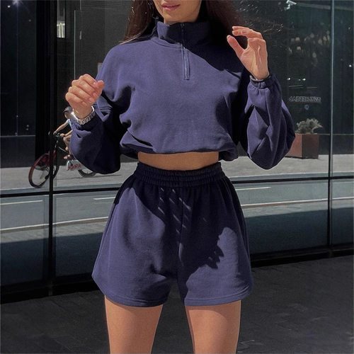 Women Outfit Sweater Sets春秋女长袖半高领拉链卫衣短裤两件套