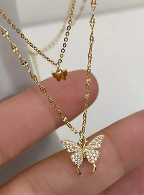 Butterfly Necklace Gift双层蝴蝶吊坠项链女网红设计感ins锁骨链