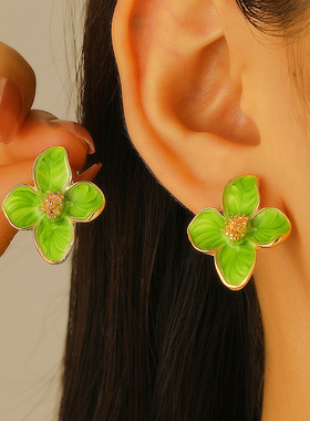 Women Earring Ear Stud Gifts花瓣耳钉四瓣花合金滴油花朵耳饰女