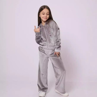 Women Baby Girl Sets欧美女童运动帽丝绒休闲卫衣两件套 Outfit