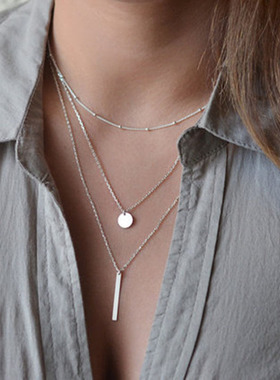 Women Necklace Choker欧美铜珠链亮片金属条项链叠戴合金锁骨链