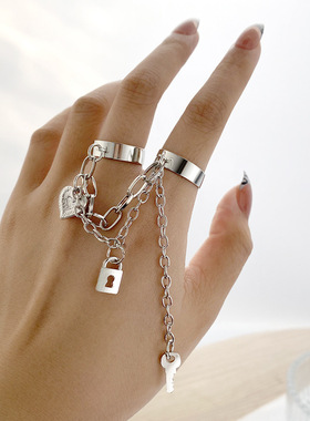 Women Ring Chain链条两指连体戒指创意钥匙锁吊坠开口连体戒指